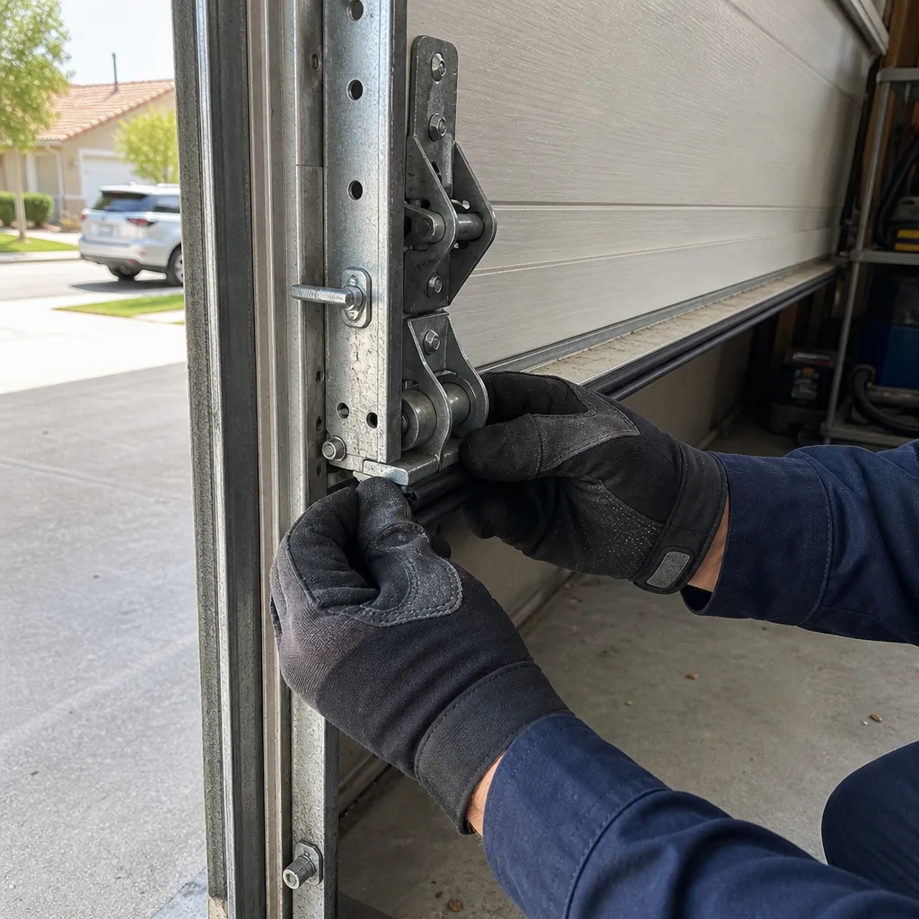 Technician performing an emergency garage door spring repair service.