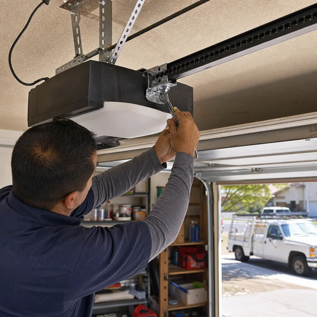 Technician performing professional garage door opener repair and installation