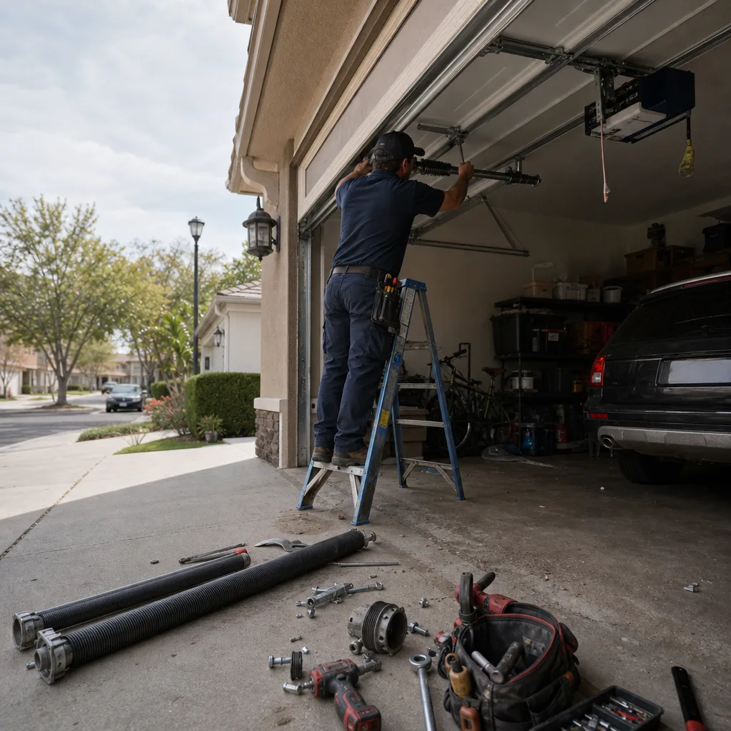Technician performing professional garage door spring repair and maintenance