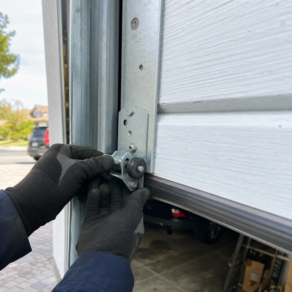 Technician performing professional garage door torsion spring repair and maintenance service